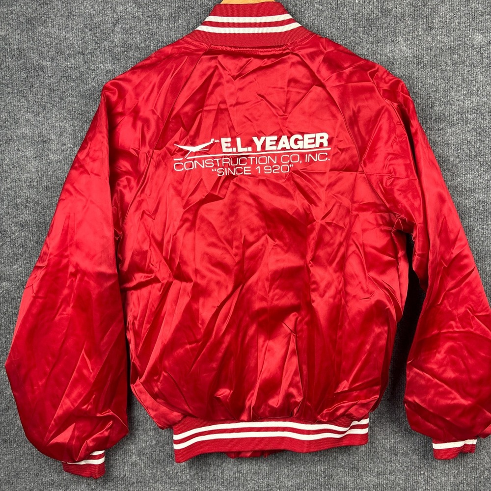 Vintage 80s Medium Satin Varsity Bomber Jacket Red‎ Striped Trim
